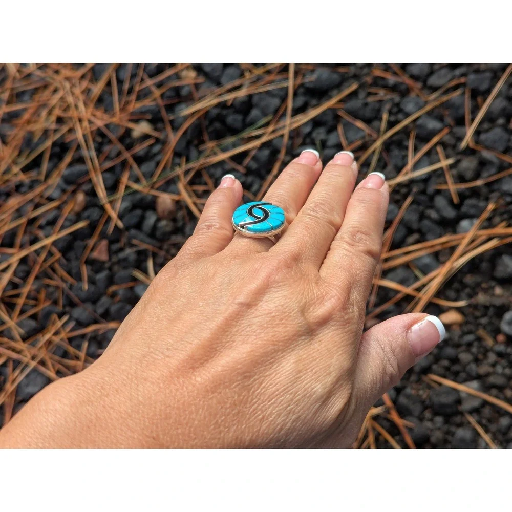 Zuni Hummingbird Ring Kingman RoundTurquoise Native American Jewelry Sz 7.75US**